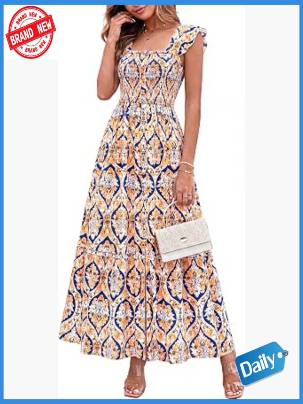 Womens Maxi Dress Square Neck Ruffle Sleeve Smocked Floral Boho Sundress
